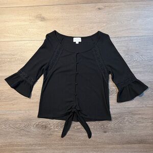 Black Lace-Trim Tie-Front Women's Top